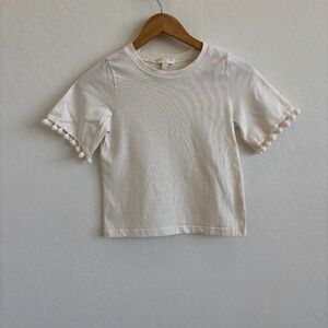 Chelsea & Violet Girls Cream Pom-Pom Trim Short Sleeve Top - Size M (8)